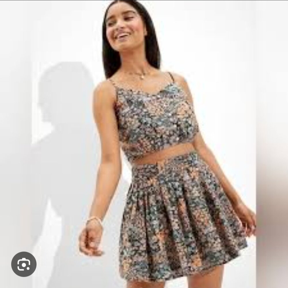 American eagle outfitters linen floral crop top and skirt set